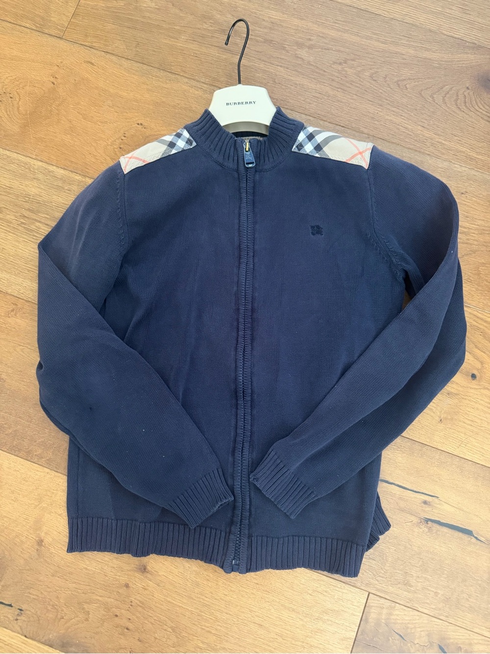 Burberry Navy Zip-Front Knit Jacket with Check Trim